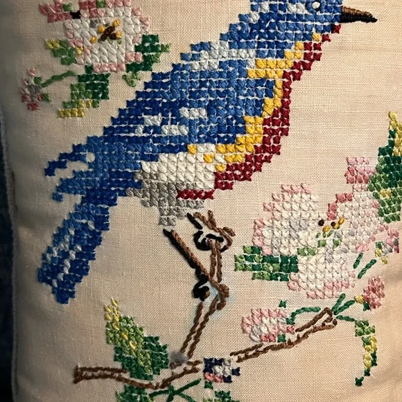Charming Blue Bird Embroidered hand sewn vintage Pillow 10x14” Grandpacore - Picture 2 of 4